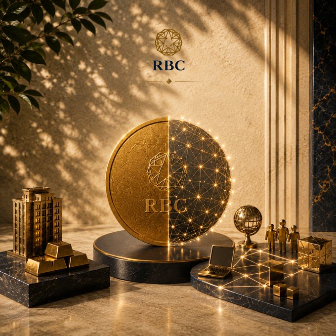 Promotional image featuring a gold 'RBC' coin on a pedestal, flanked by small gold sculptures of a building, gold bars, a globe, and figures, with an 'RBC' logo at the top.