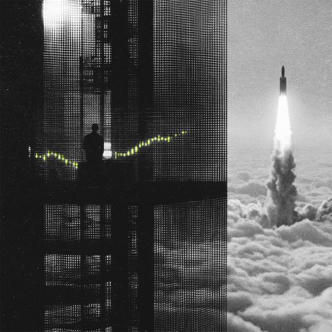A silhouetted figure stands against a massive digital ticker display showing a sharply rising yellow line graph, juxtaposed with a rocket launching skyward through clouds. The image visually reinforces the post's metaphor of a "rocket launch" in currency markets, illustrating how trading patience can lead to profitable gains as prices surge upward.