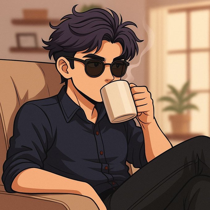An anime-style illustration of a young man with messy dark hair and sunglasses drinking from a white mug while sitting relaxed on a couch.