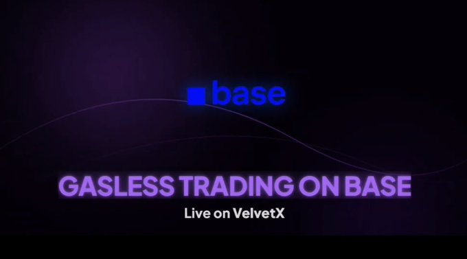 The image displays a promotional graphic for VelvetX featuring the "base" logo (Base blockchain) at the top and the headline "GASLESS TRADING ON BASE" in purple text, with "Live on VelvetX" below. The graphic directly supports the post by visually advertising Velvet_Capital's gasless trading feature on the Base network, illustrating the platform's solution to the gas fee barrier mentioned in the text.