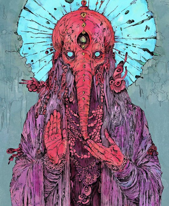 A detailed illustration of an octopus-headed deity with a red, multi-eyed head and tentacled beard, dressed in flowing purple robes against a cyan halo.