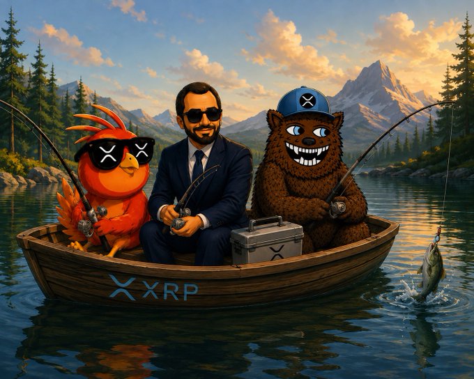 A surreal digital illustration shows a man in a suit flanked by an orange bird and a brown bear character, all fishing from a wooden boat labeled 'XRP' on a mountain lake.