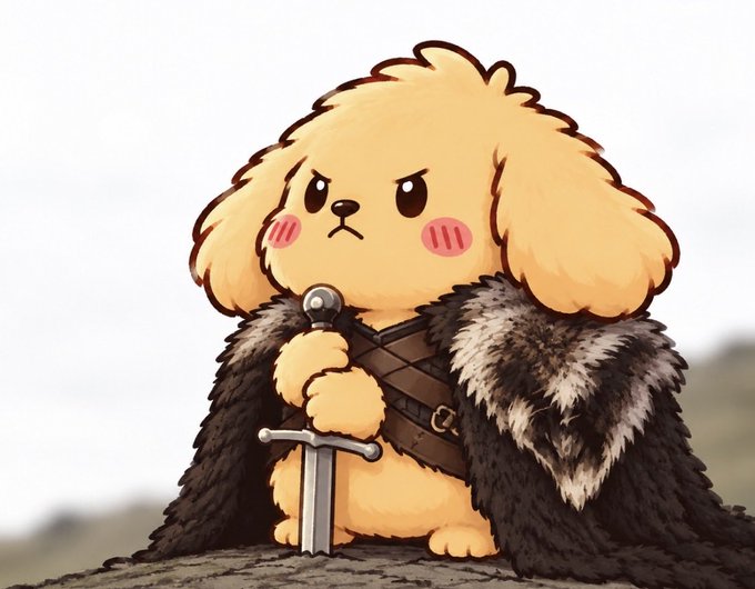 A cute cartoon illustration of a small fluffy yellow puppy wearing a black fur cloak and holding a sword, looking determined with pink cheeks.