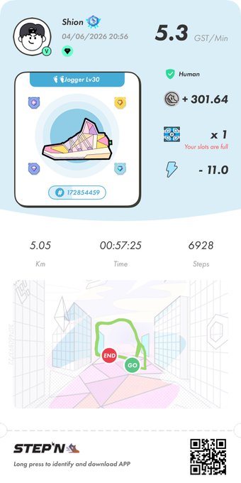 The image shows a step counter app with a cartoon character wearing sneakers, which appears to be a running shoe. The app displays the number of steps taken by the user during their run. There are also icons representing different activities such as walking, jogging, and resting. The post is titled "StepN" and has been shared on social media platforms.