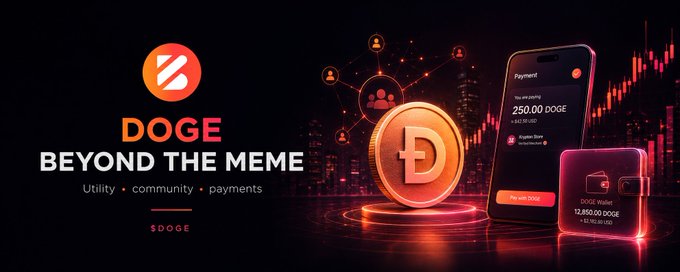 A promotional graphic for Dogecoin (DOGE) reads 'BEYOND THE MEME' with the tagline 'Utility • community • payments,' featuring a phone interface showing DOGE payments and wallet balances.