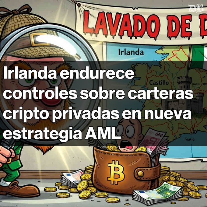 A cartoon-style illustration titled "LAVADO DE" (money laundering) shows a detective with a magnifying glass examining a bag of Bitcoin next to a map of Ireland, with text overlay reading "Irlanda endurece controles sobre carteras cripto privadas en nueva estrategia AML." The image visually represents Ireland's new anti-money laundering strategy targeting private crypto wallets, depicting the inspection of cryptocurrency holdings in connection with money laundering prevention efforts.