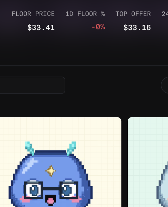 A digital marketplace interface displays a pixel-art character NFT collection with a floor price of $33.41, showing a 0% change in 1D floor percentage and a top offer of $33.16, featuring a cute blue creature with glasses and antennae in a "Squink in" listing.