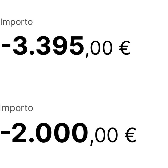 Two monetary amounts labeled 'Importo' shown as -3.395,00 € and -2.000,00 € on a white background.