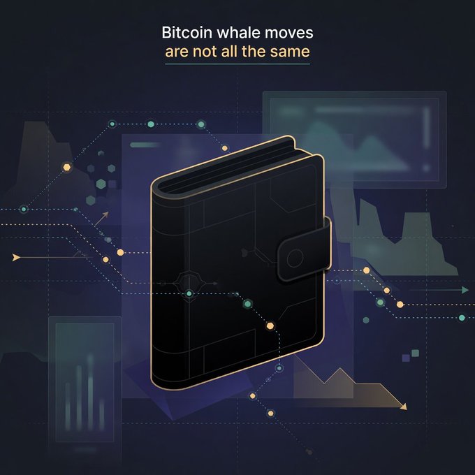 A stylized digital graphic featuring a black wallet in the center, surrounded by abstract chart lines, with the text 'Bitcoin whale moves are not all the same' at the top.