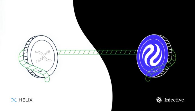A graphic illustration showing a green DNA-like double helix connecting two circular logos labeled 'HELIX' on the left and 'Injective' on the right, against a split black and white background.