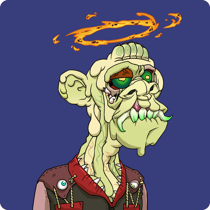 A cartoon illustration of a grotesque zombie-like character with green skin, bulging eyes, sharp teeth, and a flaming orange halo above its head, wearing a spiked red and black jacket.