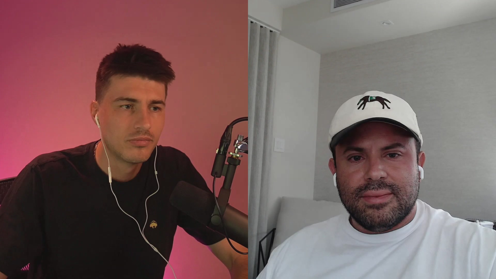 The image shows two men wearing baseball caps, one of whom has a microphone attached to his hat while they are both sitting down. They appear to be engaged in conversation or discussing something related to markets. The background features a pink wall with a window, adding an interesting visual element to the scene.