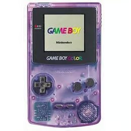 A purple translucent Nintendo Game Boy Color handheld console displaying the classic startup screen.