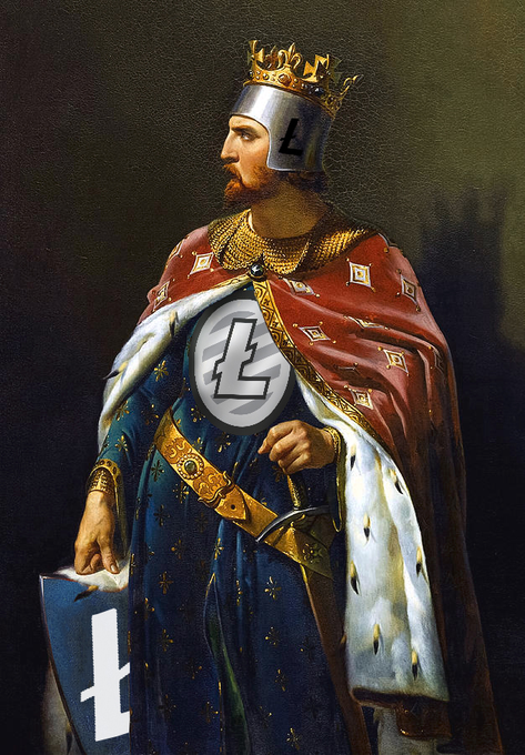 A classical painting of a medieval king wearing a crown and ermine-trimmed royal robes, digitally edited with Litecoin (Ł) symbols replacing his face shield and on a shield by his side.