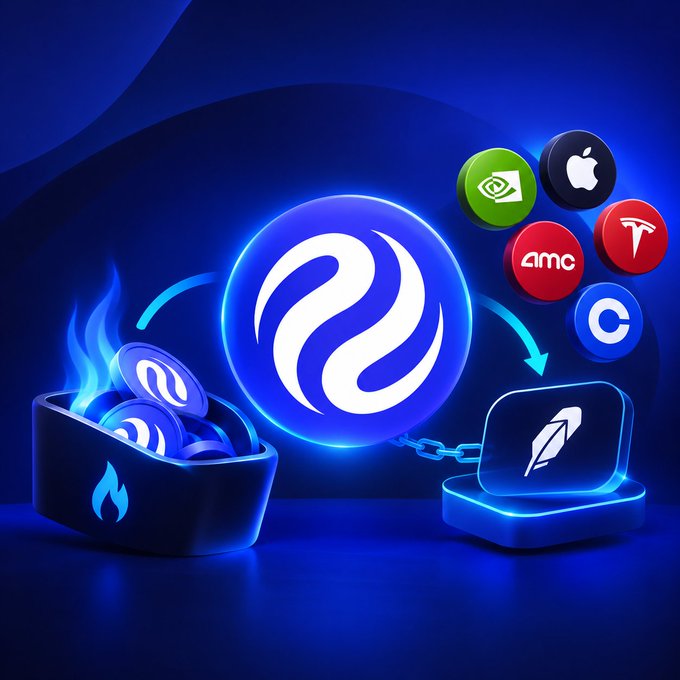 A 3D-rendered crypto promotional image showing a glowing blue token being moved from a burning basket on the left to a chained box on the right, with company logos (Nvidia, Apple, AMC, Tesla, and another 'C' logo) floating in the upper right.