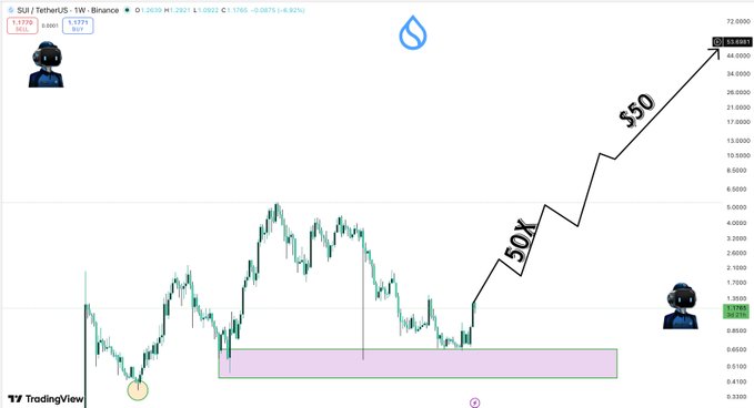 A SUI/USDT price chart on the 1-week timeframe from Binance, showing a projected parabolic move with annotations marking "50X" and "$50" targets, supporting the claim that $SUI is at a generational entry point that could surge to $20-$50 this cycle following record-breaking TPS announcements.