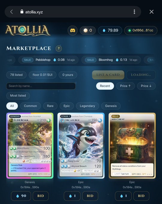 A screenshot of the atollia.xyz NFT marketplace showing cards for sale including 'Elder Oak' (Genesis, 90 SUI), 'Orcasurge' (Stage 1, Epic, 1 SUI), and 'Aid Chest' (Relic, Epic, 1 SUI).