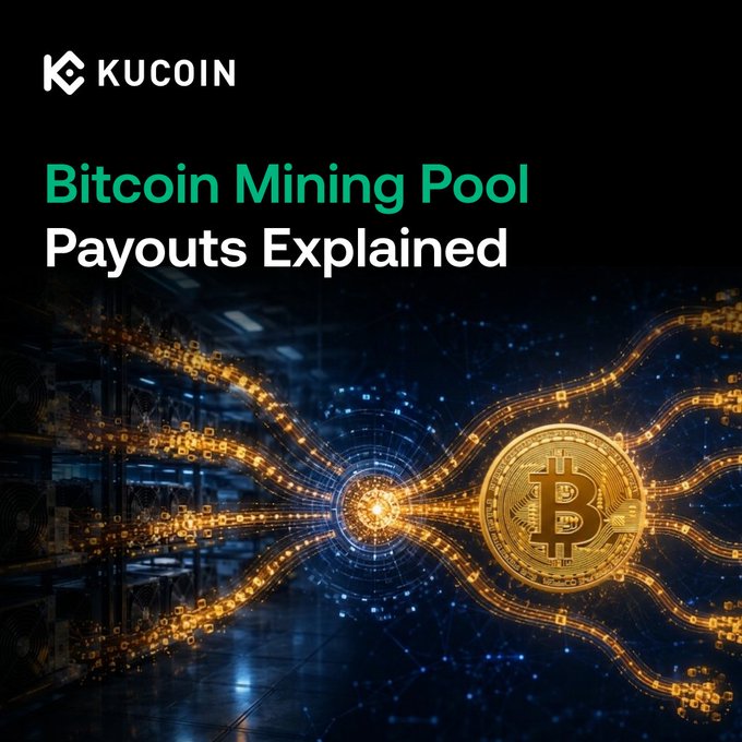 A KuCoin-branded graphic titled "Bitcoin Mining Pool Payouts Explained" features a glowing gold Bitcoin coin at the center of a circuit-board-like network of golden data streams, visually representing the flow of mining rewards discussed in the post about how PPS, FPPS, and PPLNS payout schemes distribute BTC to miners with the same hashrate differently.