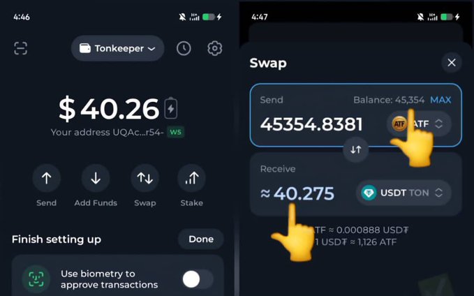 Two screenshots of the Tonkeeper crypto wallet app, the left showing a balance of $40.26 and the right demonstrating a swap of 45,354.8381 ATF tokens to approximately 40.275 USDT TON.