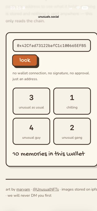 Screenshot of unusual.social showing a wallet address lookup with the text 'no wallet connection, no signature, no approval. just an address.' It displays '10 memories in this wallet' with items labeled 'unusual as usual', 'chilling', 'unusual guy', and 'unusual gang'.