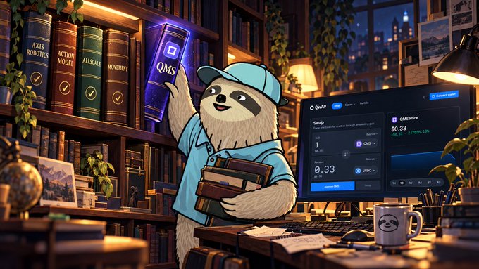 An illustrated scene of an anthropomorphic sloth in a blue cap holding a glowing 'QMS' book, standing in a cozy library with a computer monitor displaying QMSwap exchange data showing a QMS price of $0.33.