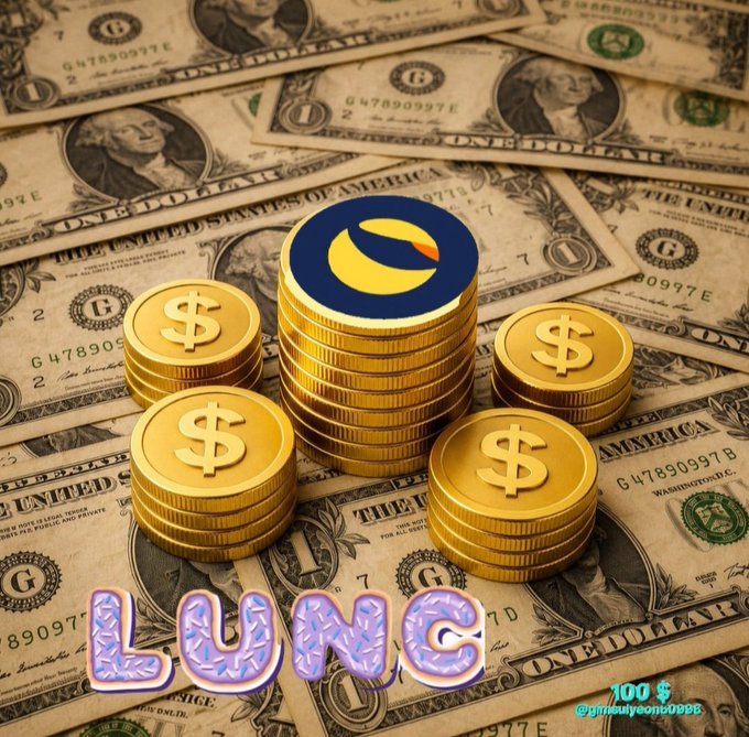 Stack of gold coins with dollar signs and a coin featuring the LUNC (Terra Luna Classic) logo sitting on top of US dollar bills, with the text 'LUNC' in bubble letters and '100 $' watermark.
