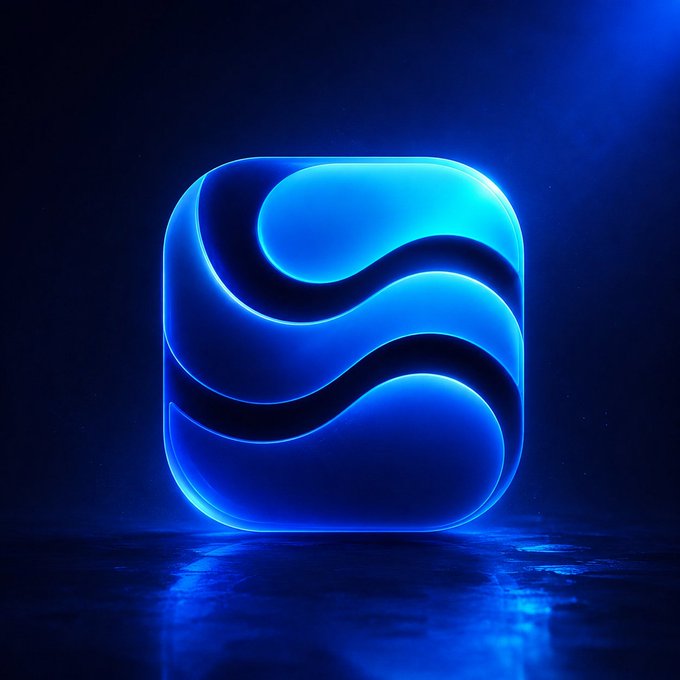 A glowing blue, 3D-rendered icon featuring stylized, layered waves centered against a dark background.