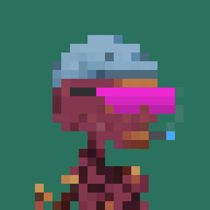 A pixel art character in profile view with a blue cap and reddish-maroon body coloring against a dark green background.