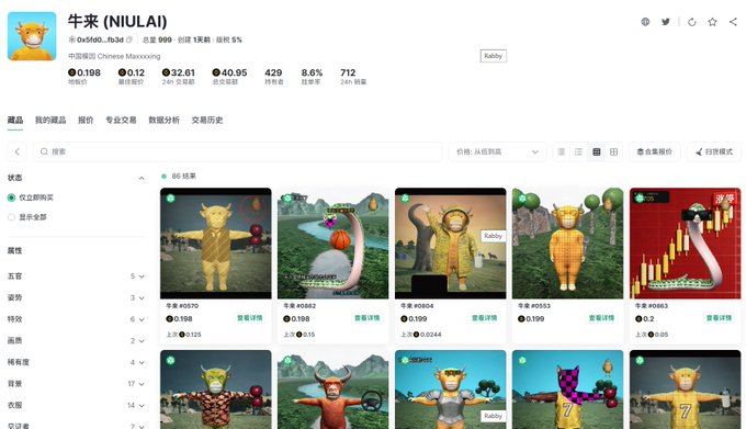 A Chinese NFT marketplace interface for '牛来 (NIULA)' showing various 3D character collectibles with prices ranging from 0.198 to 0.2, and stats including a total of 999 items.