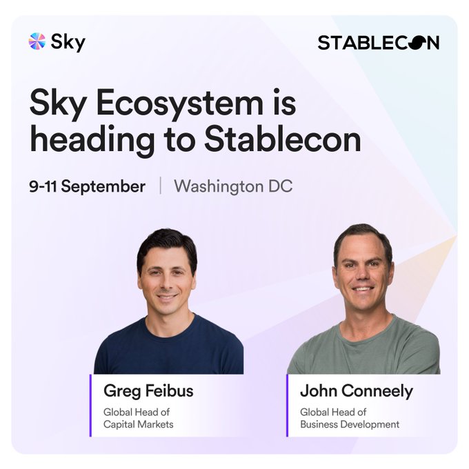 The graphic announces that Sky Ecosystem will attend Stablecon on 9-11 September in Washington DC, featuring photos of Greg Feibus (Global Head of Capital Markets) and John Conneely (Global Head of Business Development), matching the post's mention of them connecting with institutions and allocators.