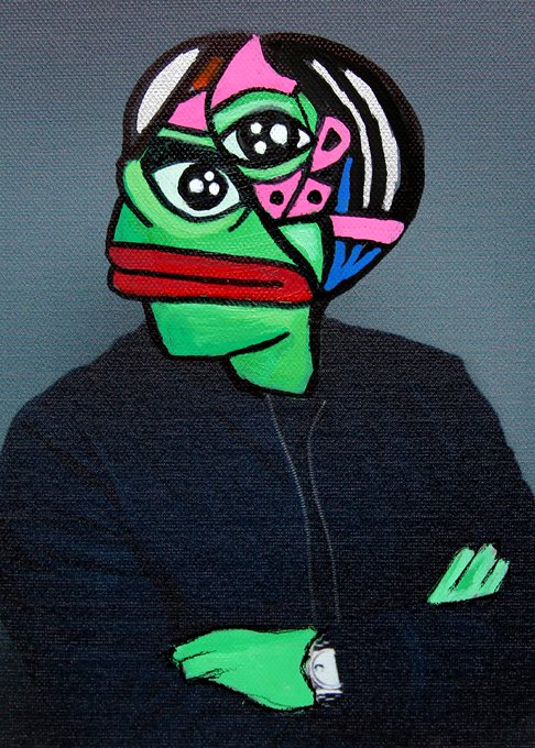 A colorful, abstract cubist-style painting depicts a figure with a green face, multiple eyes, and fragmented features wearing a black jacket, with hands folded at the bottom.