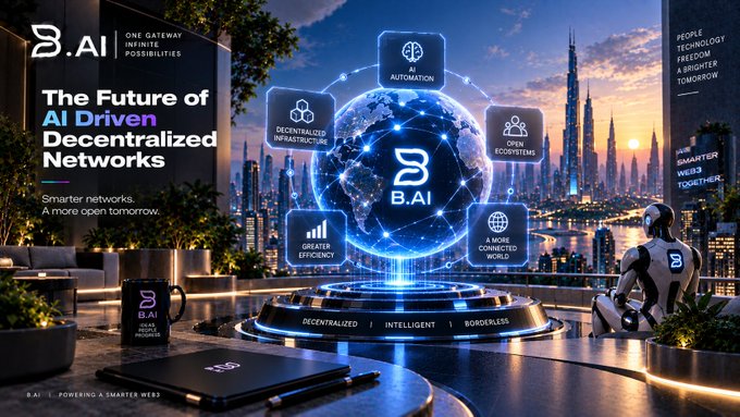 Futuristic promotional graphic for 'B.AI - The Future of AI Driven Decentralized Networks' featuring a glowing globe with feature icons like 'AI Automation,' 'Decentralized Infrastructure,' and 'Open Ecosystems' set against a Dubai skyline at sunset.