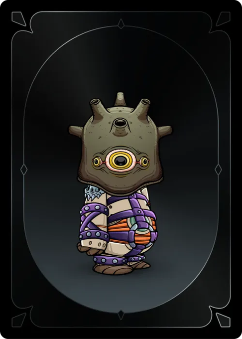 A stylized cartoon character wearing a spiked olive-green helmet and strapped in purple and orange clothing stands against a dark background with decorative oval framing.
