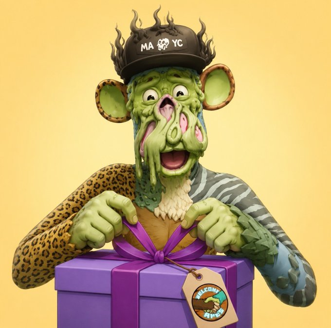A 3D-rendered fantasy creature with green skin, leopard-print and striped arms, and a cap labeled 'MA YC' excitedly opens a purple gift box.