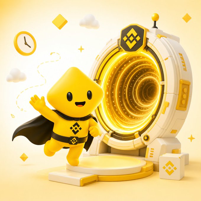 A cheerful yellow mascot wearing a cape runs joyfully beside a glowing portal/teleporter device, with the Binance logo (yellow diamond symbol) visible on its badge, chest, and a nearby box — all set against a bright yellow background. The image visually ties to "Binance" by featuring the brand's signature diamond logo on the superhero character and surrounding elements, creating a playful brand mascot scene.