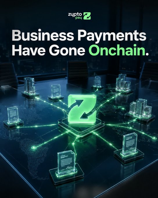 A promotional graphic for ZypTo Pay reads 'Business Payments Have Gone Onchain.' with a futuristic green-lit conference table featuring holographic cityscapes and a central 'Z' icon.