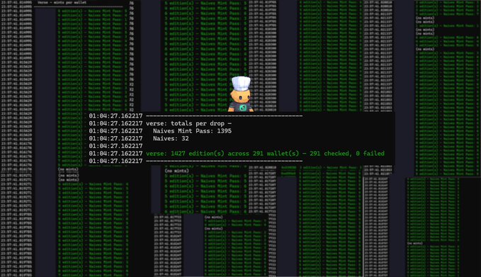 A terminal screen displays minting statistics showing 1,427 editions across 291 wallets with 0 failures for the ACO drop, with a mascot image in the center, illustrating the results of a 7-hour effort to help community members mint their Verse allocations.