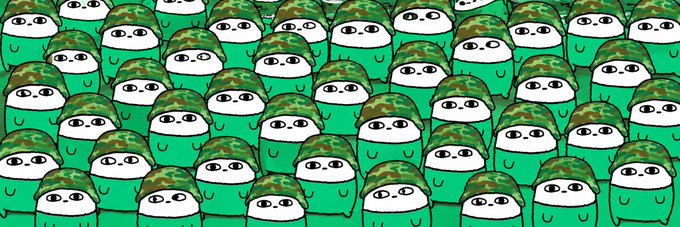 A repeating pattern of cartoon green slimes wearing camouflage helmets fills the frame, visually referencing the "little guy" terminology used in the accompanying post about a Solana token giveaway. No text, numbers, or tickers are visible in the image itself, which relies on its army of small helmeted characters to reinforce the post's theme of an underestimated, growing community.