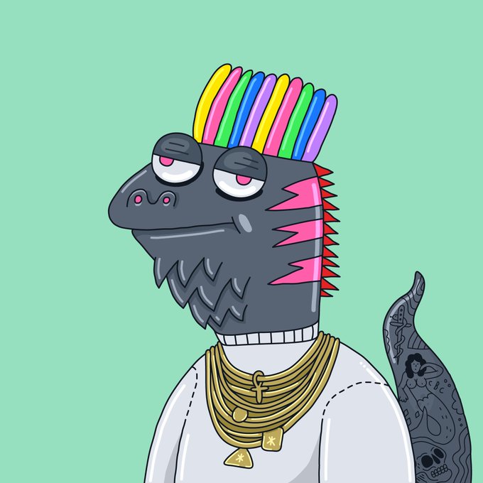A cartoon illustration of a character with a black dinosaur-like head, rainbow mohawk, gold chains, and a tattooed arm, set against a light green background.