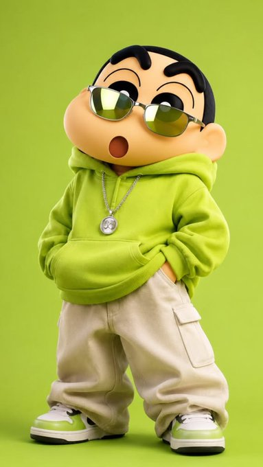 A 3D-rendered figure resembling the cartoon character Crayon Shin-chan, wearing sunglasses, a lime green hoodie, beige cargo pants, and a silver pendant necklace.
