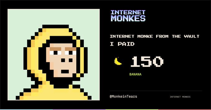 A pixel-art monkey avatar with a yellow hood is shown alongside the text 'INTERNET MONKES' and a price of '150 BANANA'.