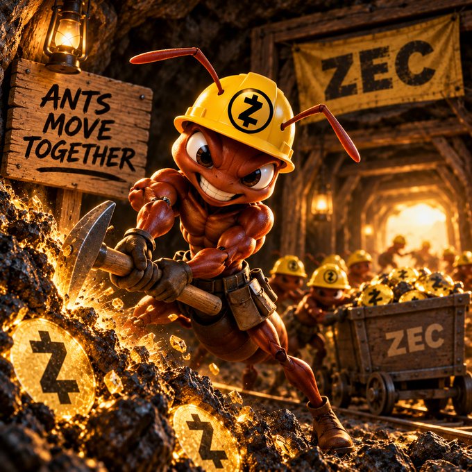 A stylized illustration of muscular ants wearing hard hats mining ZEC (Zcash) cryptocurrency in a tunnel, with a sign reading 'ANTS MOVE TOGETHER' and glowing ZEC coins scattered around.