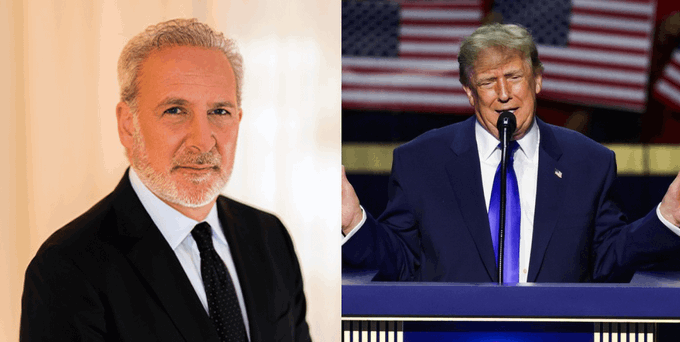 The image shows Peter Schiff on the left in a black suit and Donald Trump on the right speaking at a podium with American flags behind him, visually representing the post about Schiff criticizing Trump's proposed $5,000 "Trump dividend" as an attempt to "buy votes."