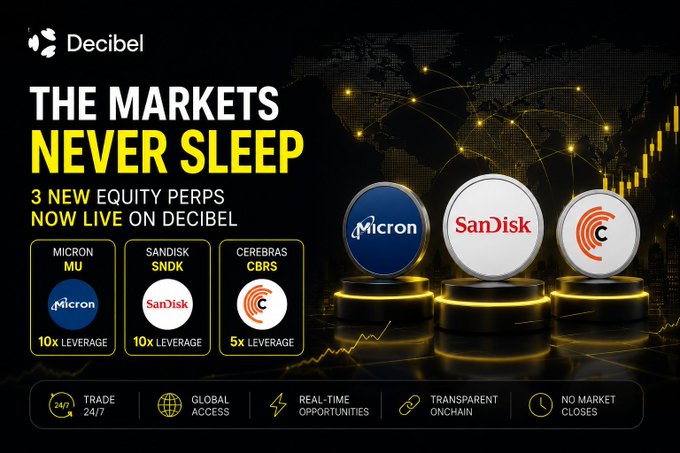 The image features a poster for a new trading platform called @DecibelTrade. The poster showcases four different companies featured on the platform - Micron, SandDisk, CBRS, and SNDK. The background of the poster has an interesting texture resembling lines connecting different entities in the market or financial world. This textured backdrop highlights how these companies are "never" sleeping, constantly interacting with each other to create innovative products, services, and solutions for the market environment. The text on the poster clearly states that these companies are now live on @DecibelTrade, further emphasizing their active participation in the trading platform. This demonstrates that markets have evolved and are now more interconnected than ever before, providing opportunities for investors to engage with diverse market participants and access real-time information to make informed decisions about financial matters.
