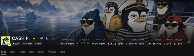 A NFT collection page for 'CASH P' featuring penguin characters, with a floor price of 0.33 USDC and a total volume of 1,284.62 USDC.