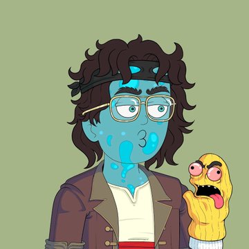 A cartoon illustration features a blue-skinned character with glasses and a headband next to a yellow creature with its tongue out.