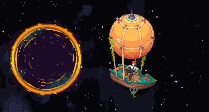 Pixel art scene depicting a character relaxing in a boat suspended by a hot air balloon, floating in space near a glowing portal against a starry night sky.
