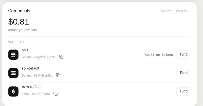 The image shows a Credentials dashboard with a total balance of $0.81 across three wallets: "sol1" (Solana, 2ogqzDL-HqZD) holding the $0.81, plus empty "sol-default" (Solana) and "evm-default" (EVM) wallets, each with a "Fund" button. It humorously illustrates the post's joke about needing to be "paybox'ed" — suggesting the user is broke with barely enough for a date.