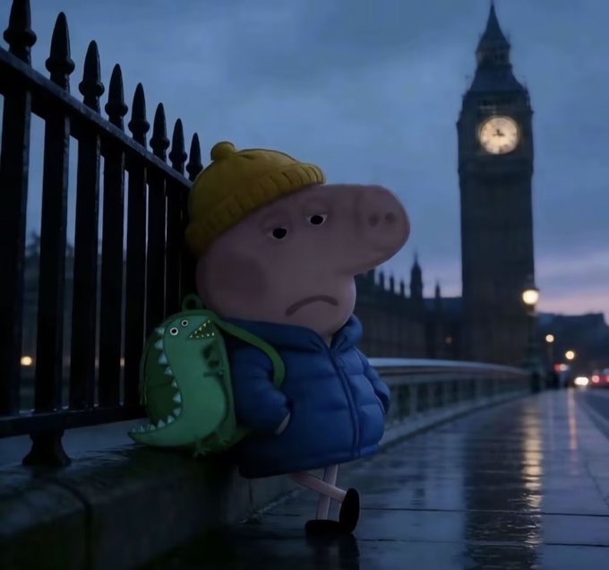 An animated scene shows a cartoon pig character wearing a yellow beanie, blue puffer jacket, and green dinosaur backpack, leaning against a wrought-iron fence with Big Ben visible in the background at dusk.
