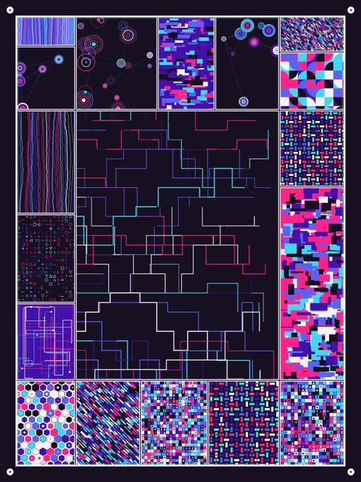 A digitally created patchwork tapestry featuring abstract geometric patterns, circuit-like designs, and digital glitch art in vibrant shades of pink, blue, and purple.